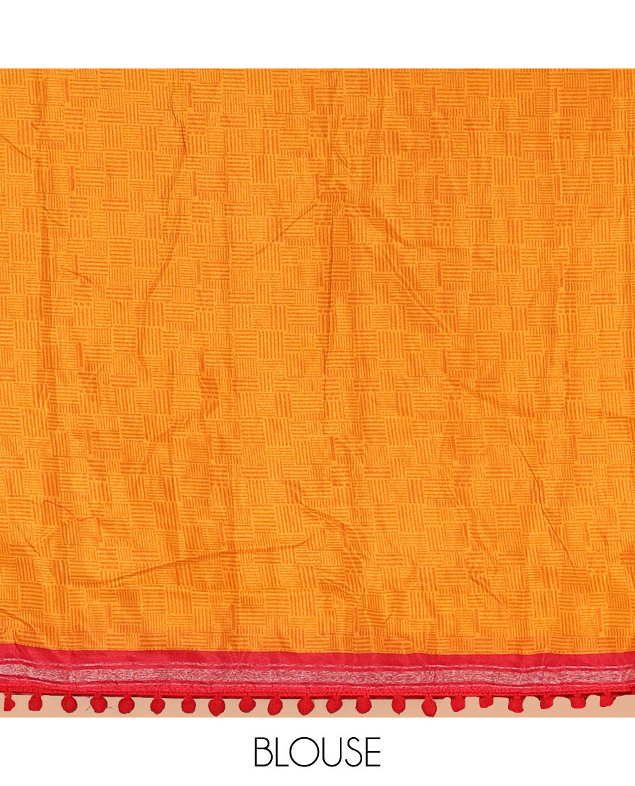 Red Chanderi Cotton Saree, Steeped with Small and Big Polka Dots on Its Body, Subtle Pom-Pom Tasseled Border, a Self-Pallu, and Paired with a Contrast Blouse