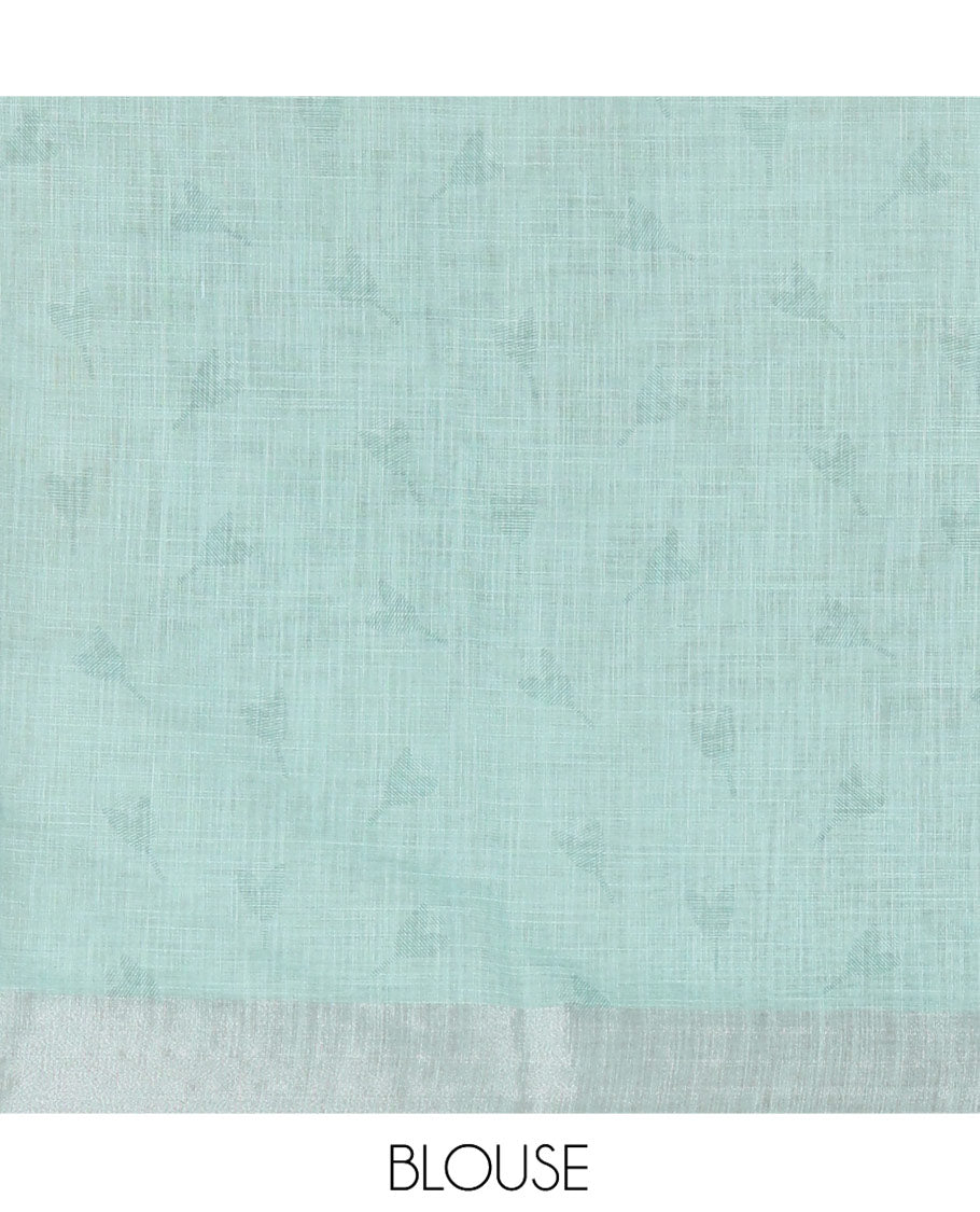 Sea Green Linen Cotton Saree, Accentuated with Jamdani-Style Lotus Designs Printed All Over Its Body, Zari Tissue Border, Pallu Mirrors the Same Print, and Paired with a Matching Blouse