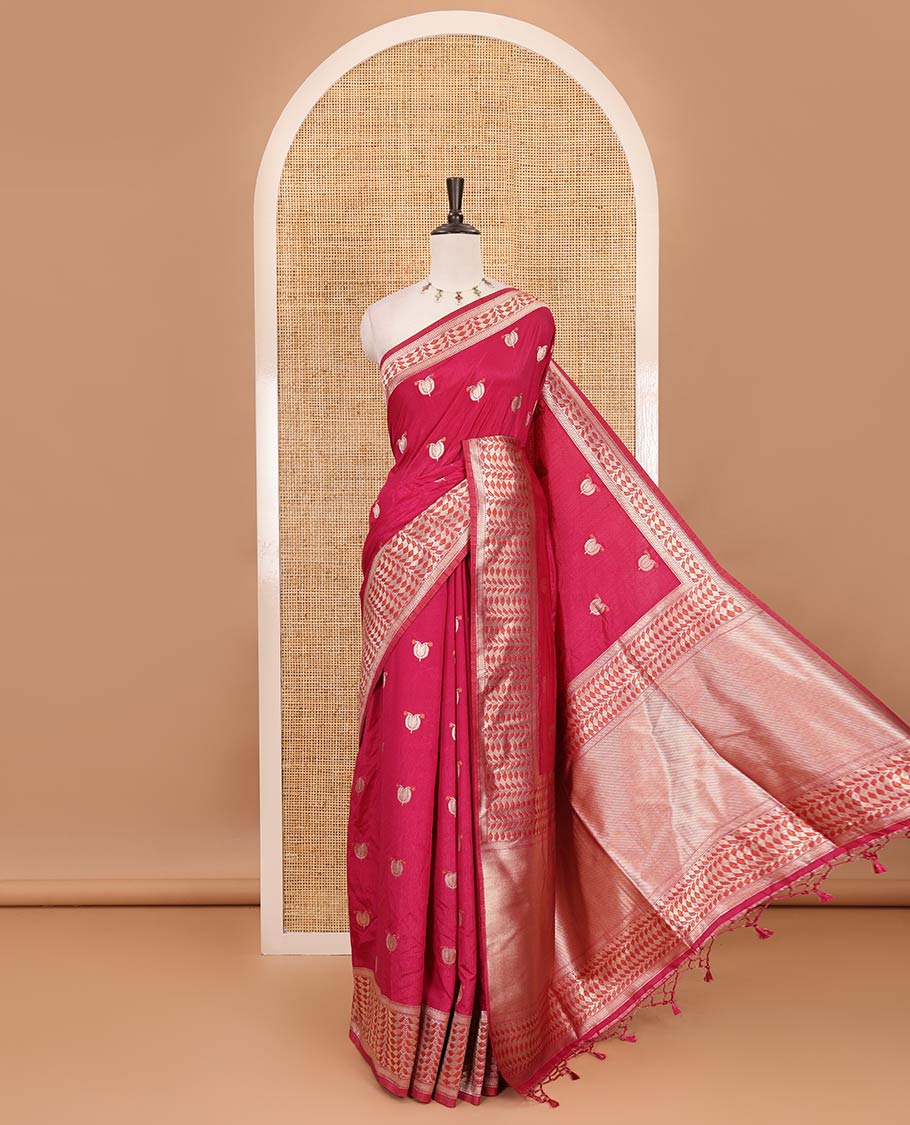 Rani pink leaf zari buttas dola silk saree, geometric patterned zari border, pallu of geometric pattern & diagonal stripes & plain blouse