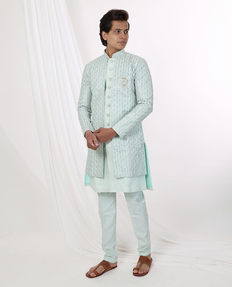 Light blue floral thread embroidery with sequins work mandarin collar & full-sleeve long raw silk kurta