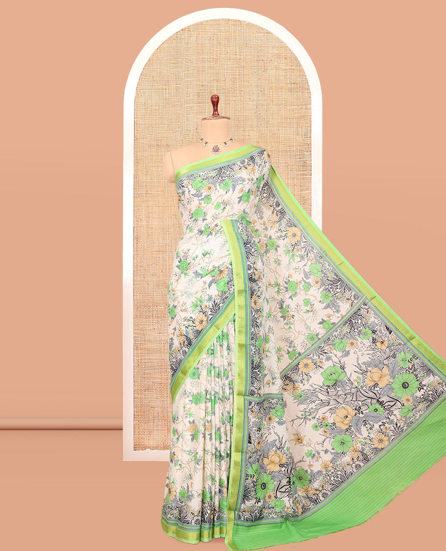 White Printed Silk Saree, Enlivened with Floral-Vine Print, a Contrast Traditional Zari Border, Floral Pallu, and a Contrast Blouse