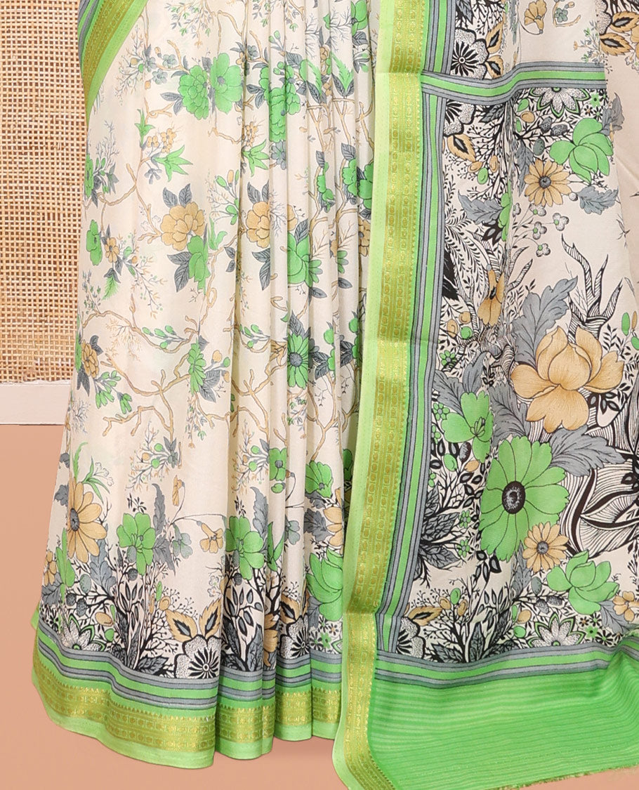 White Printed Silk Saree, Enlivened with Floral-Vine Print, a Contrast Traditional Zari Border, Floral Pallu, and a Contrast Blouse