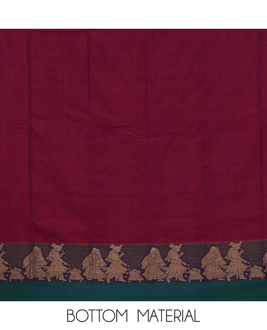 Magenta mercerised cotton material chudidar set, Madhubani-style bride-groom motif woven top, bottom & dupatta