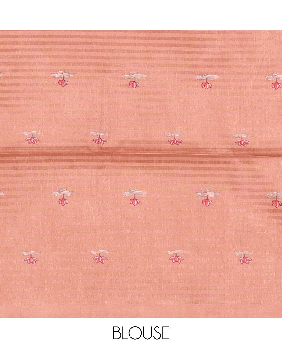 Borderless peach checked & lotus motifs kantha work-style printed fancy tussar saree, painting-style scenery printed pallu & lotus motifs printed blouse