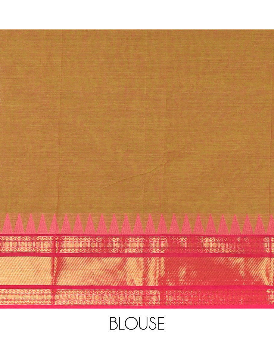 Manthulir plain Chettinad cotton saree, contrast temple traditional zari design border, striped pallu & matching plain zari border blouse