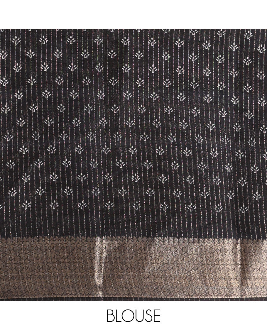 Grey zari striped & floral printed dola silk saree,contrast zari design border,floral-paisley print pallu, printed-zari-work blouse