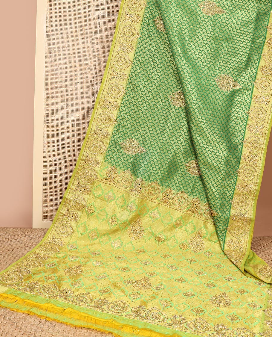 Green Orange leaf design vastrakala silk saree with stone work, contrast floral stone work scallop border & floral design in stone work pallu
