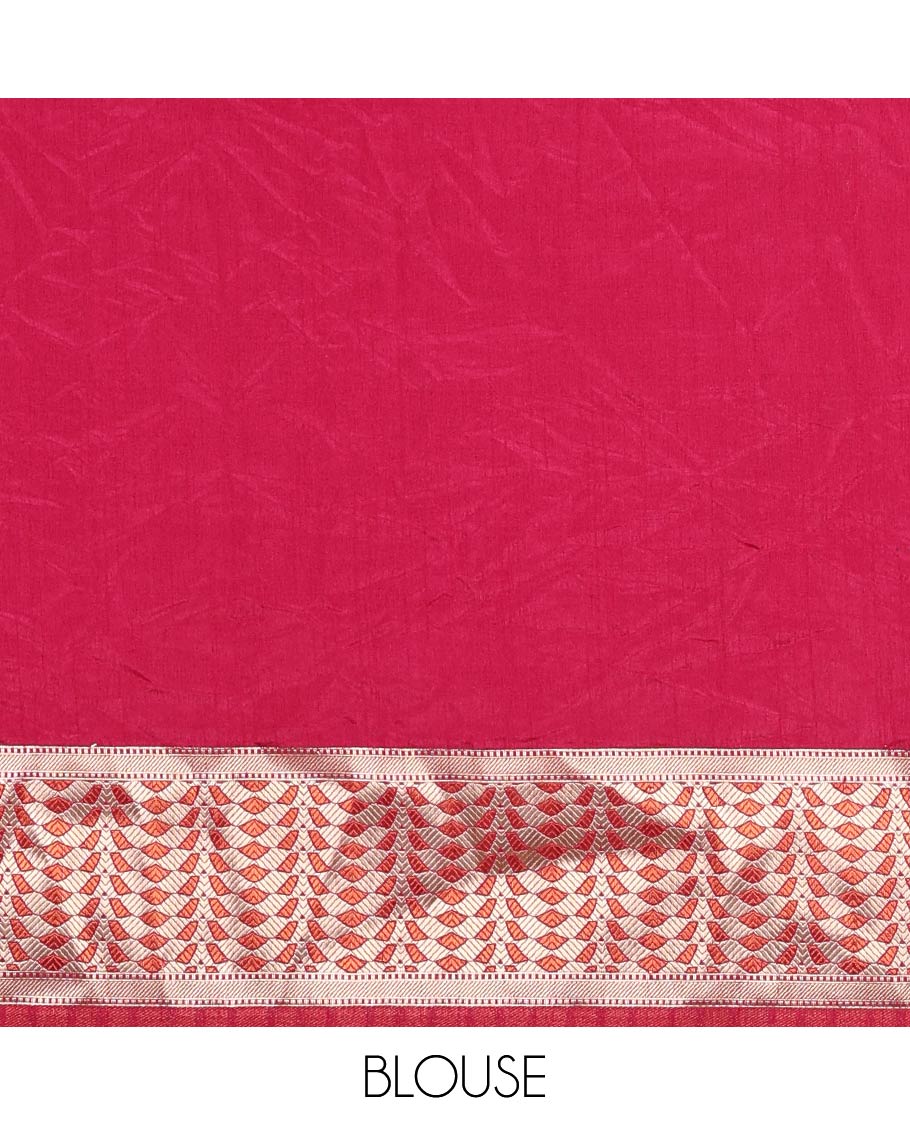Rani pink leaf zari buttas dola silk saree, geometric patterned zari border, pallu of geometric pattern & diagonal stripes & plain blouse