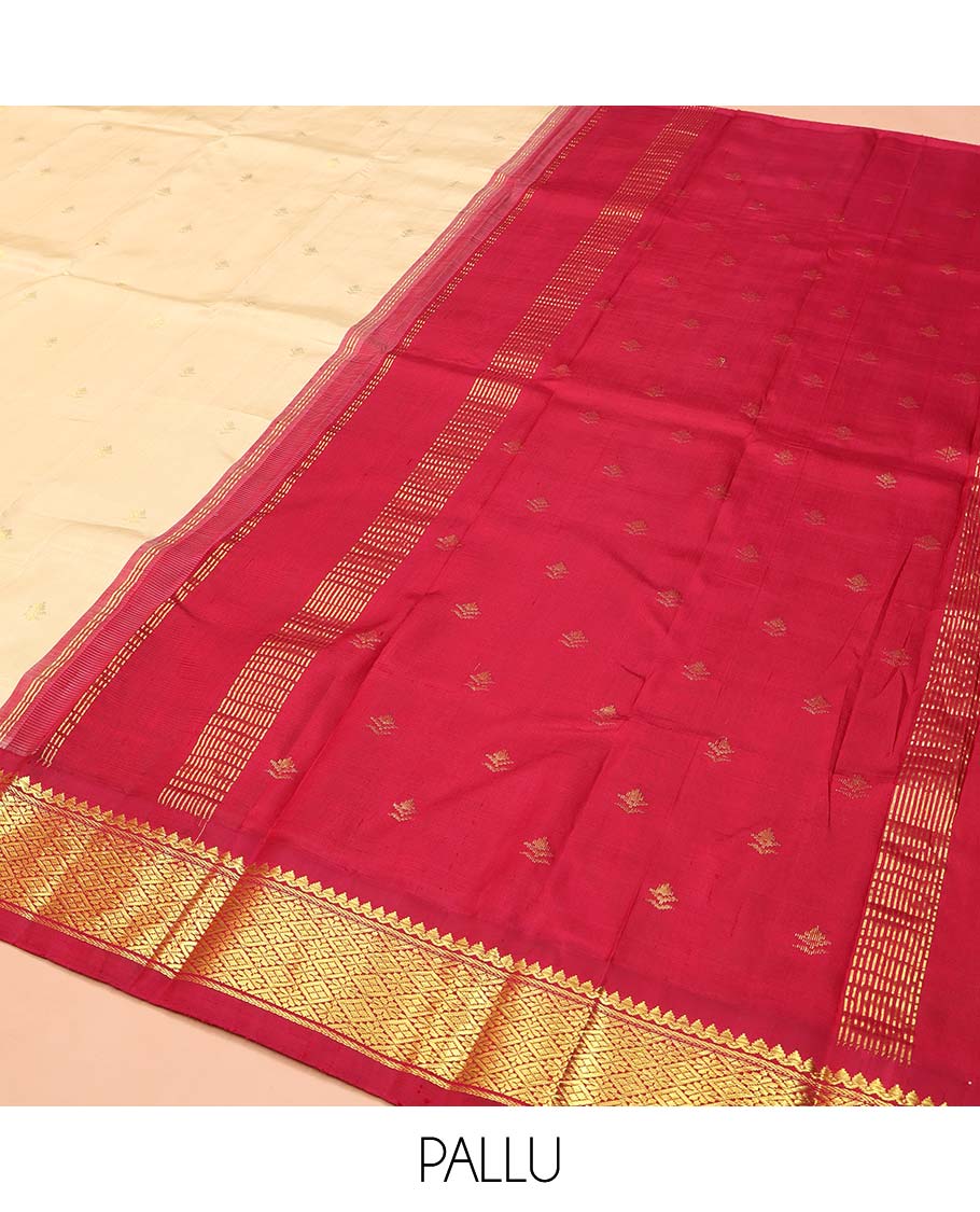 Sandal Kanchipuram Silk Saree, Sparsely Woven with Zari Buttas on Its Body, Complemented by Contrast One-Sided Border of Thilakam Mokku, and Jaal Designs, Pallu of Zari Designs, and Comes Without a Blouse