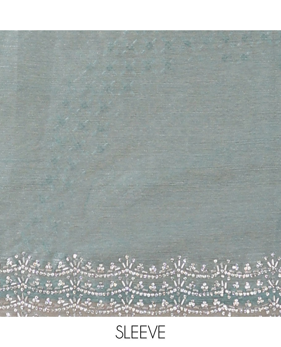 Blue all-over stone work burburry chiffion saree with self cutthana stone work border