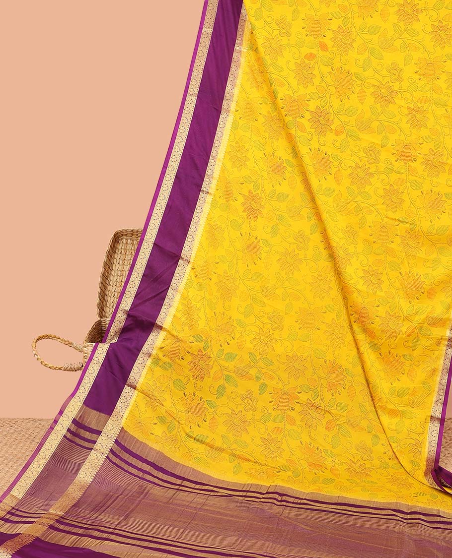 Yellow madhubani-style floral vine semi-banaras printed saree, contrast traditional design border & striped pallu