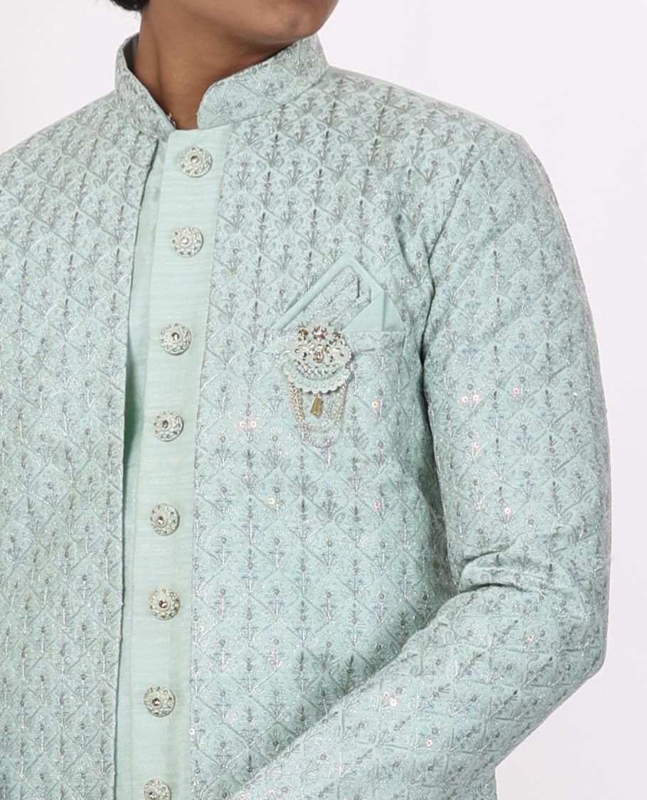 Light blue floral thread embroidery with sequins work mandarin collar & full-sleeve long raw silk kurta