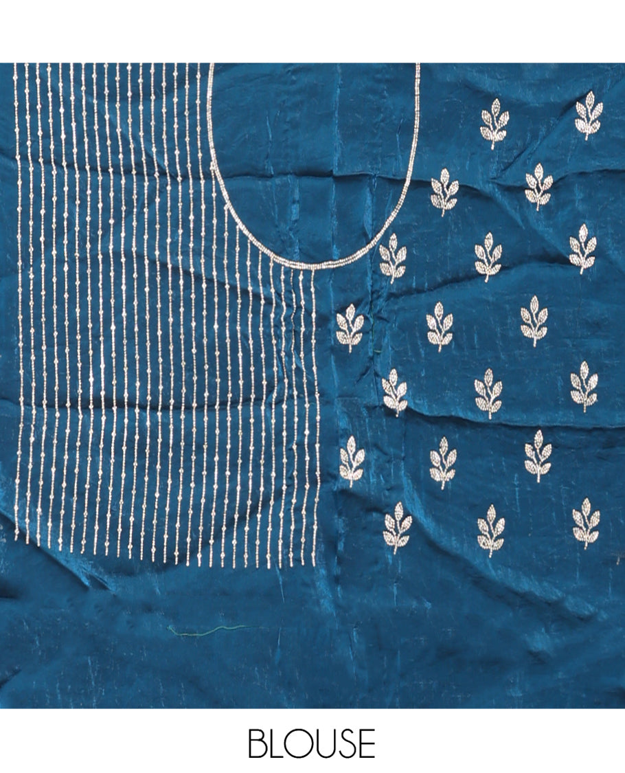 Peacock Blue Banarasi Half-Saree, Delicately Woven with Floral Buttas Embroidered Skirt, Embroidered Border, Matching Blouse, and Contrast Scallop Embroidered Dupatta