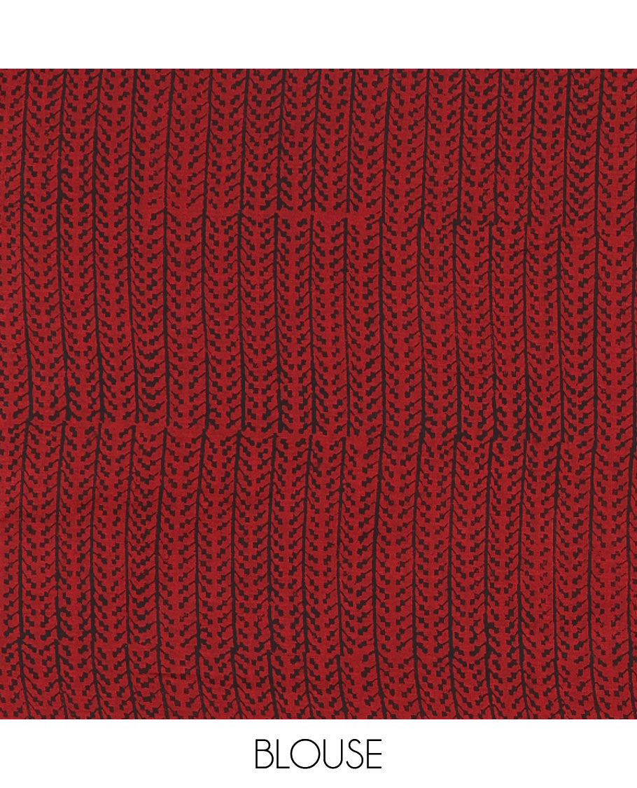 Borderless pink kolam and kathakali motifs printed South cotton saree with a matching blouse, and a contrast printed blouse