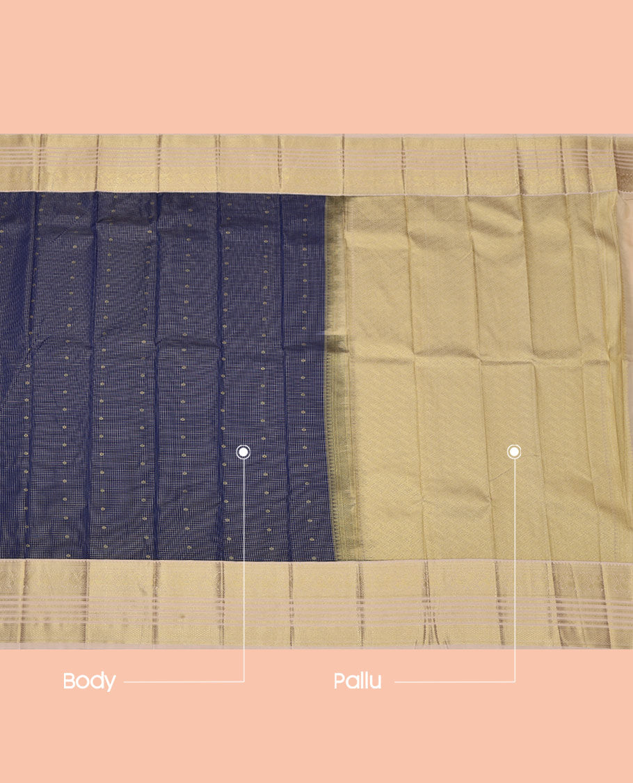 Navy Blue Budget Silk Saree, Detailed with Zari Buttas and Checks on Its Body, Complemented by a Contrast Traditional Zari Design Border, Grand Pallu, and Paired with a Contrast Blouse