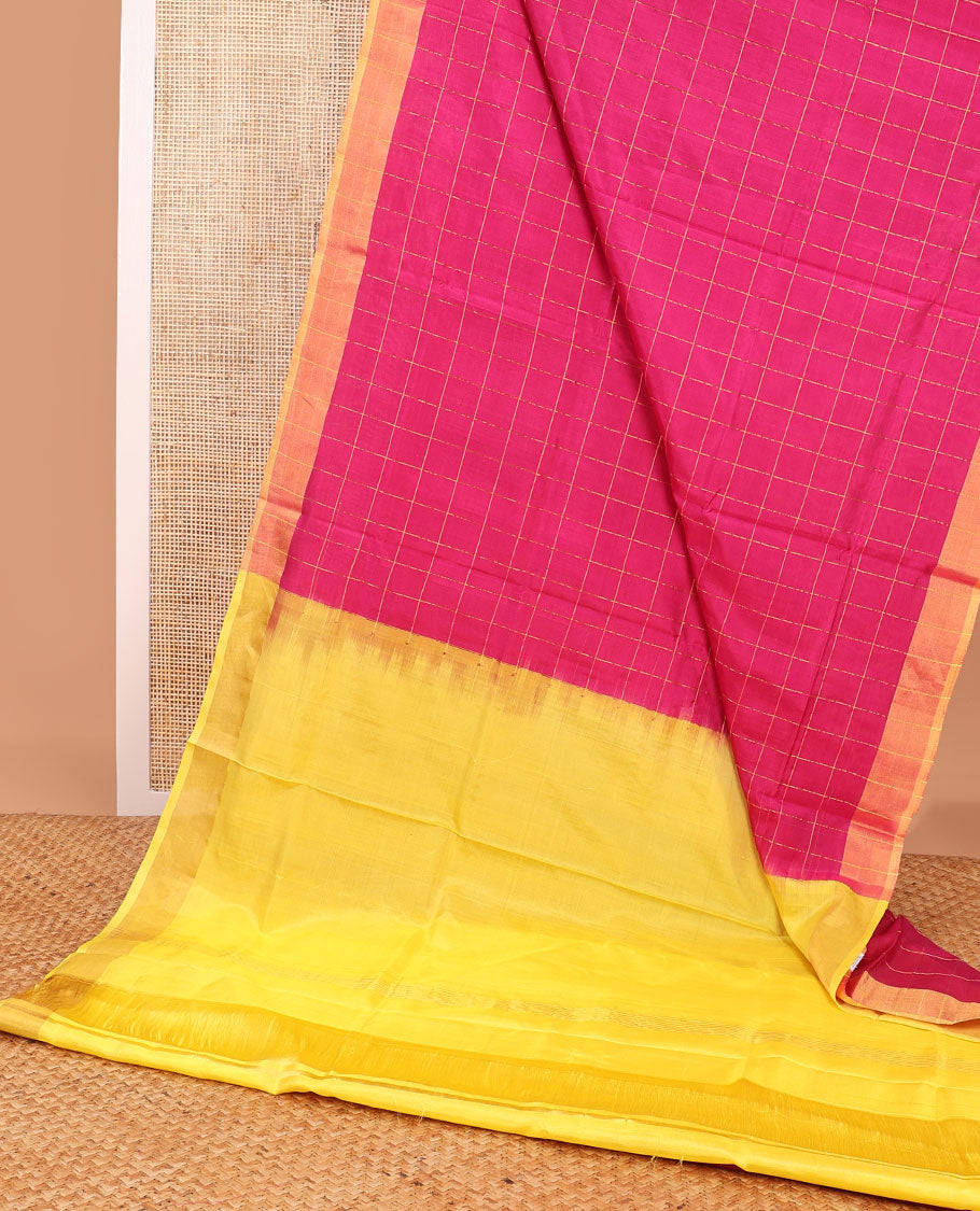 Pink checked uppada saree with contrast plain border & striped pallu