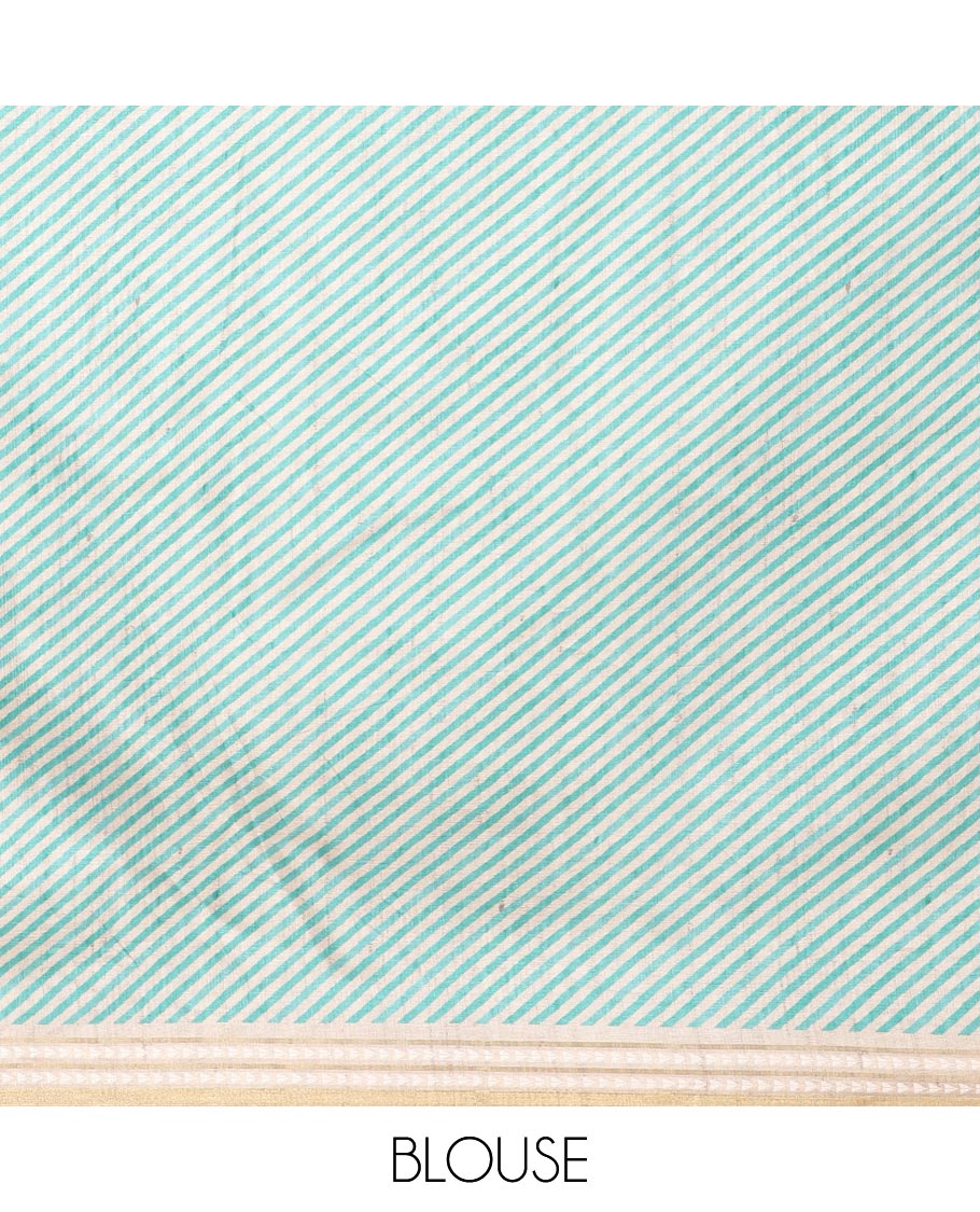 Chikku color with green block geometric print fancy tussar silk saree with zari resam border & block print pallu along striped blouse