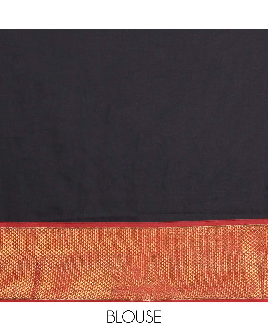Pink cotton half saree with contrast traditional border , plain blouse & plain dhavani with zari design border