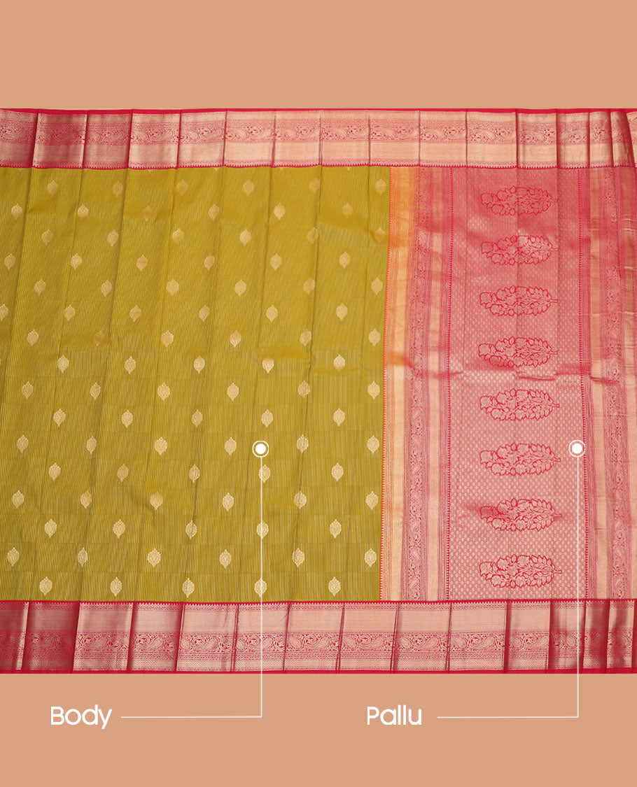 Green Budget Silk Saree, Embellished with Zari Buttas and Stripes All Over Its Body, Complemented by a Contrast Traditional Zari Design Border of Paisleys, Majestically Detailed Pallu, and Paired with a Contrast Blouse