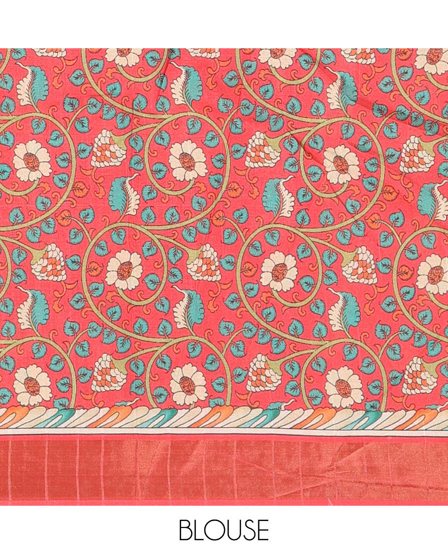 Orange shibori-style printed soft-tussar saree, contrast zari border, kalamkari peacock printed pallu & kalamkari floral vine print contrast blouse