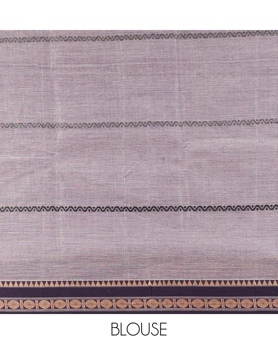 Grey striped Narayanapet cotton saree, contrast traditional motif border & striped pallu