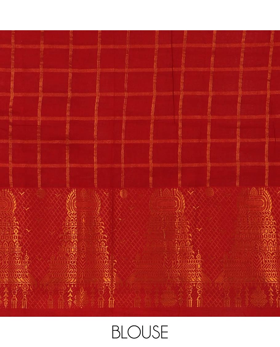 Cream zari striped sungudi cotton saree,1000 buttas temple border of butta enclosed checks, striped pallu & gopuram zari woven red border