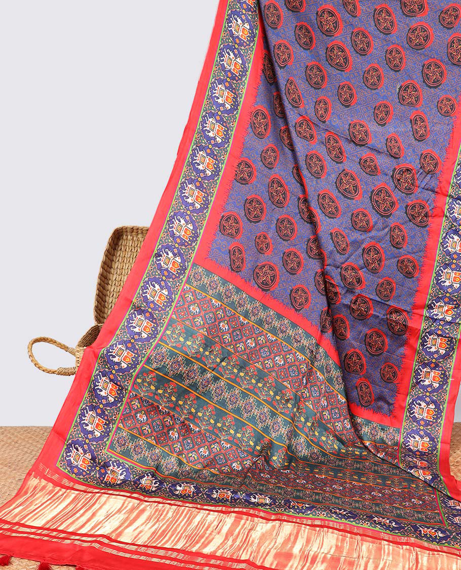 Violet circular motifs  semi-banaras printed saree with contrast elephant motifs border & intricate design pallu