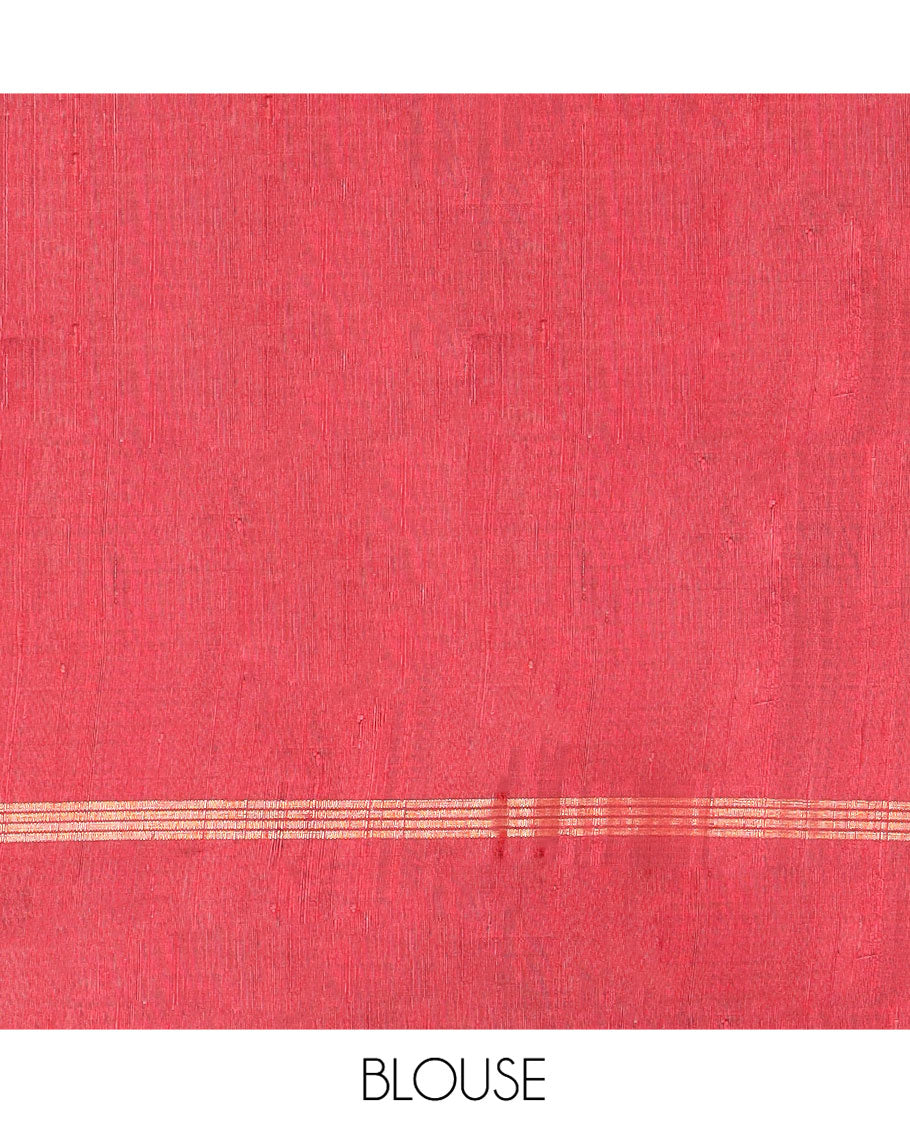 Red Dupion Silk Saree, Richly Detailed with Floral Buttas All Over Its Body, Complemented by a Zari Striped Border, Sparsely Woven Pallu of Intricate Geometric Patterns, and Paired with a Matching Blouse