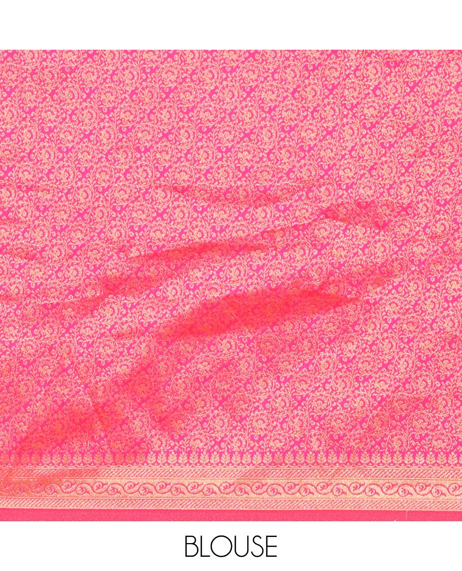 Blue floral printed art silk half saree, contrast traditional design border, jacquard blouse & intricate dhavani
