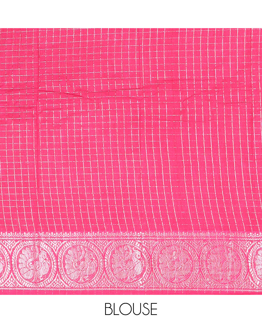 Green and pink checked sungudi cotton saree, contrast silver zari round peacock border, striped pallu, and a contrast checked blouse