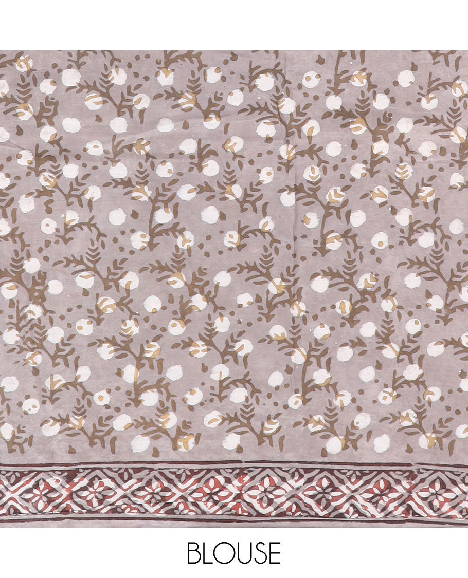 Brown floral design machine printed kalamkari cotton saree with contrast floral border & argyle design pallu