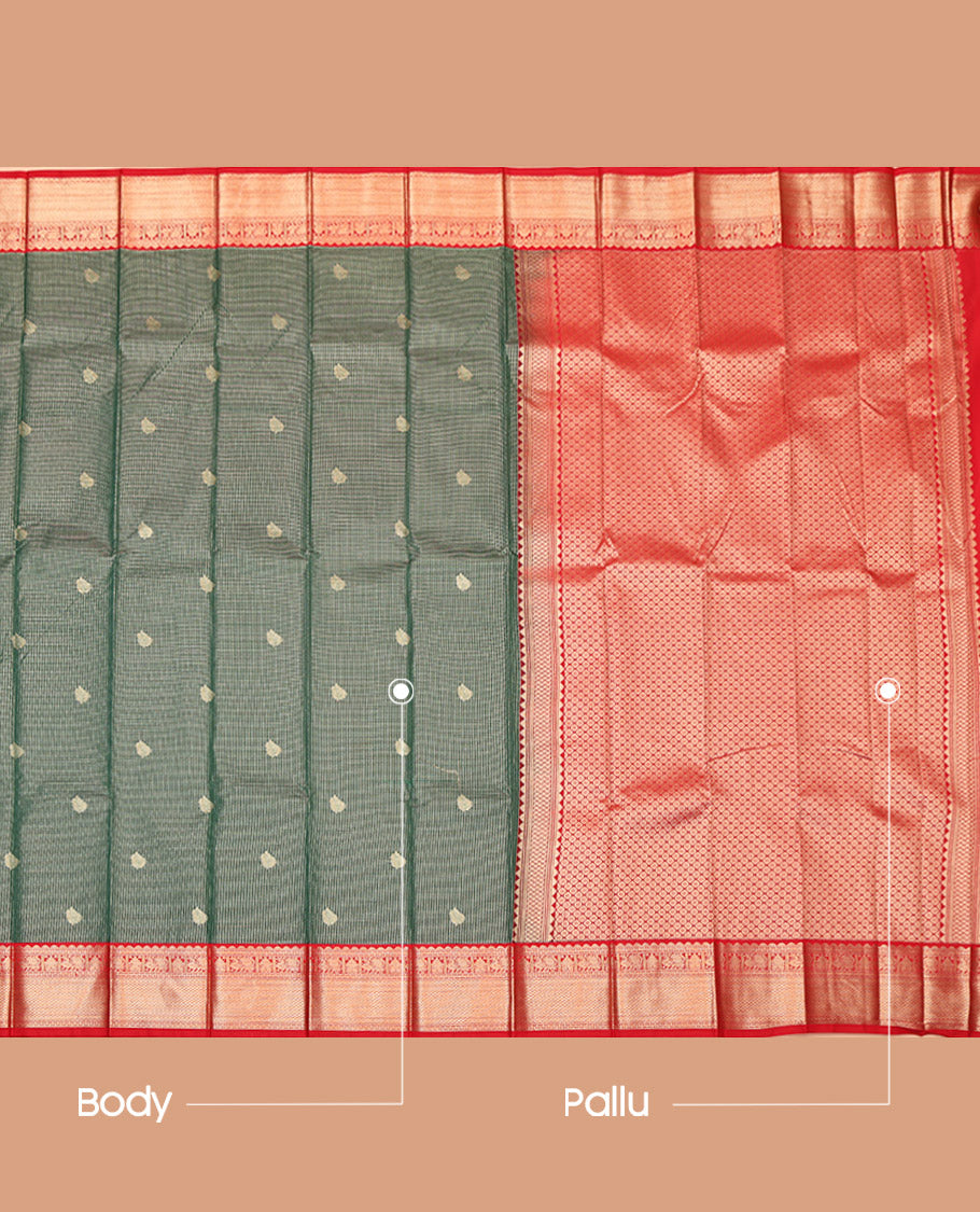 Green Budget Silk Saree, Ornamented with Zari Buttas and Micro-Checks, Complemented by a Contrast Traditional Zari Design Border, Grand Jaal Pallu, and a Contrast Blouse