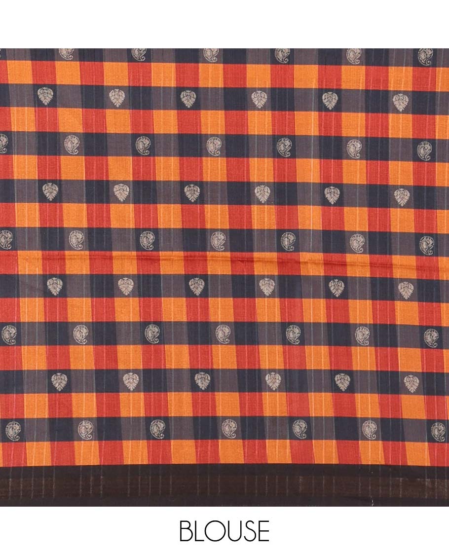 Chikku-blue plain kathan silk saree, contrast buttas enclosed multi-color checked blocks border, temple pallu, and contrast blouse of checks, and buttas
