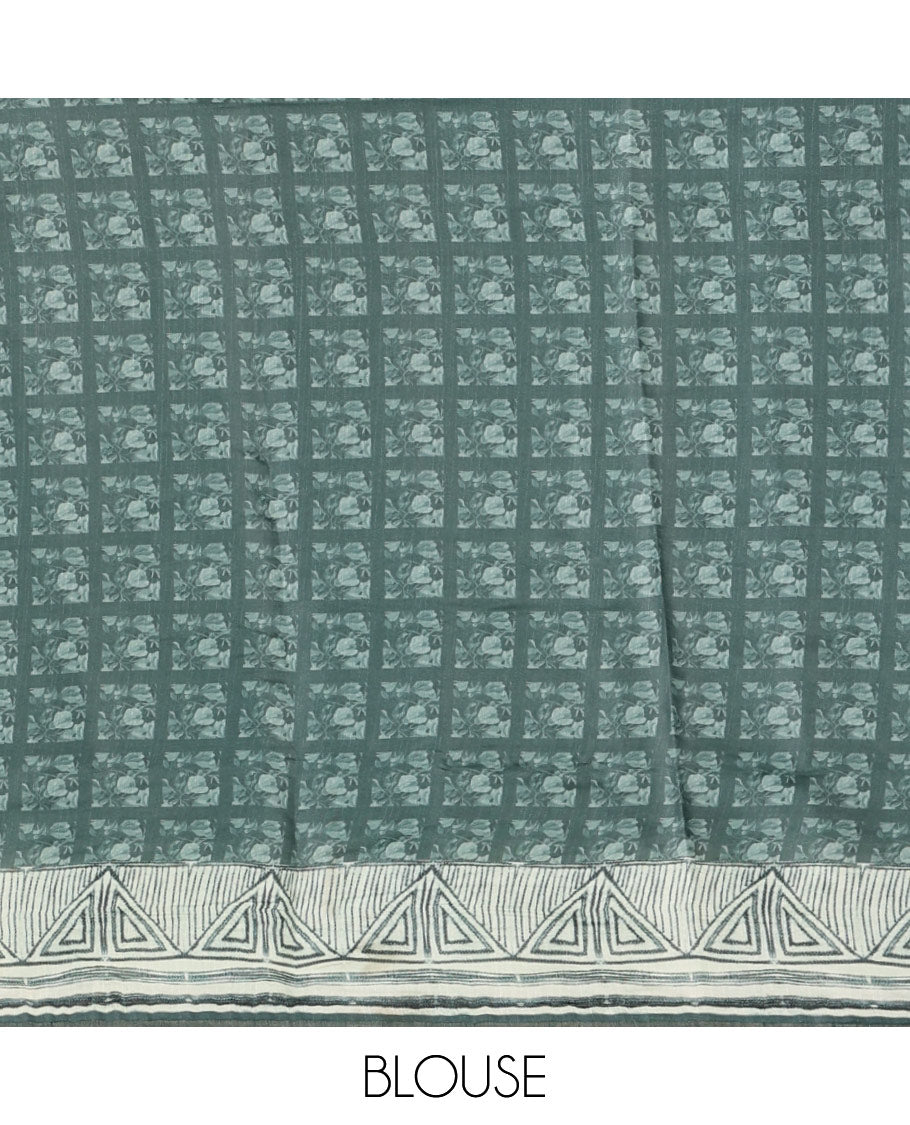 Rose green floral print & multi-color floral thread embroidered fancy tussar silk saree, triangle motif print & embroidered border & matching blouse of print & embroidery