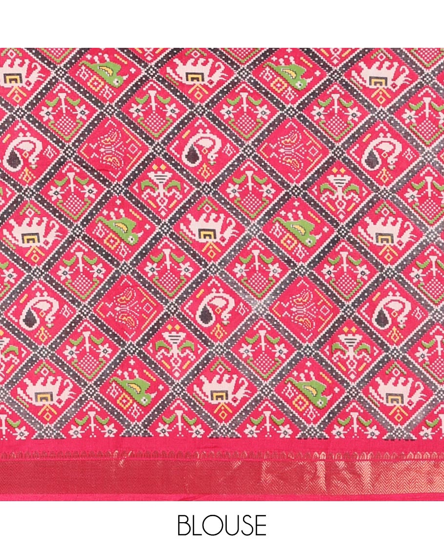 Cream-pink plain dola-tussar saree, contrast temple zari border, patola animal motifs enclosed jaal printed pallu & patola printed blouse