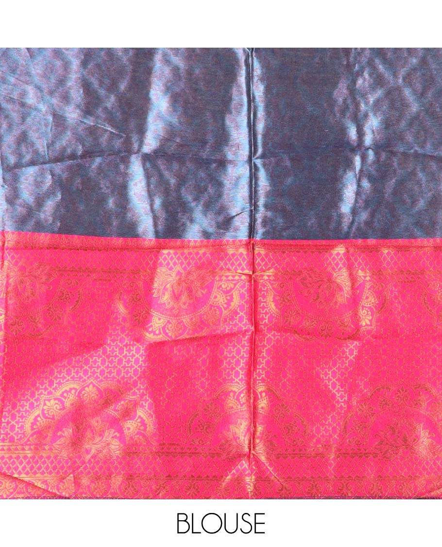 Dusky blue floral design half saree with contrast zari design border, zari design blouse & floral zari design dhavani