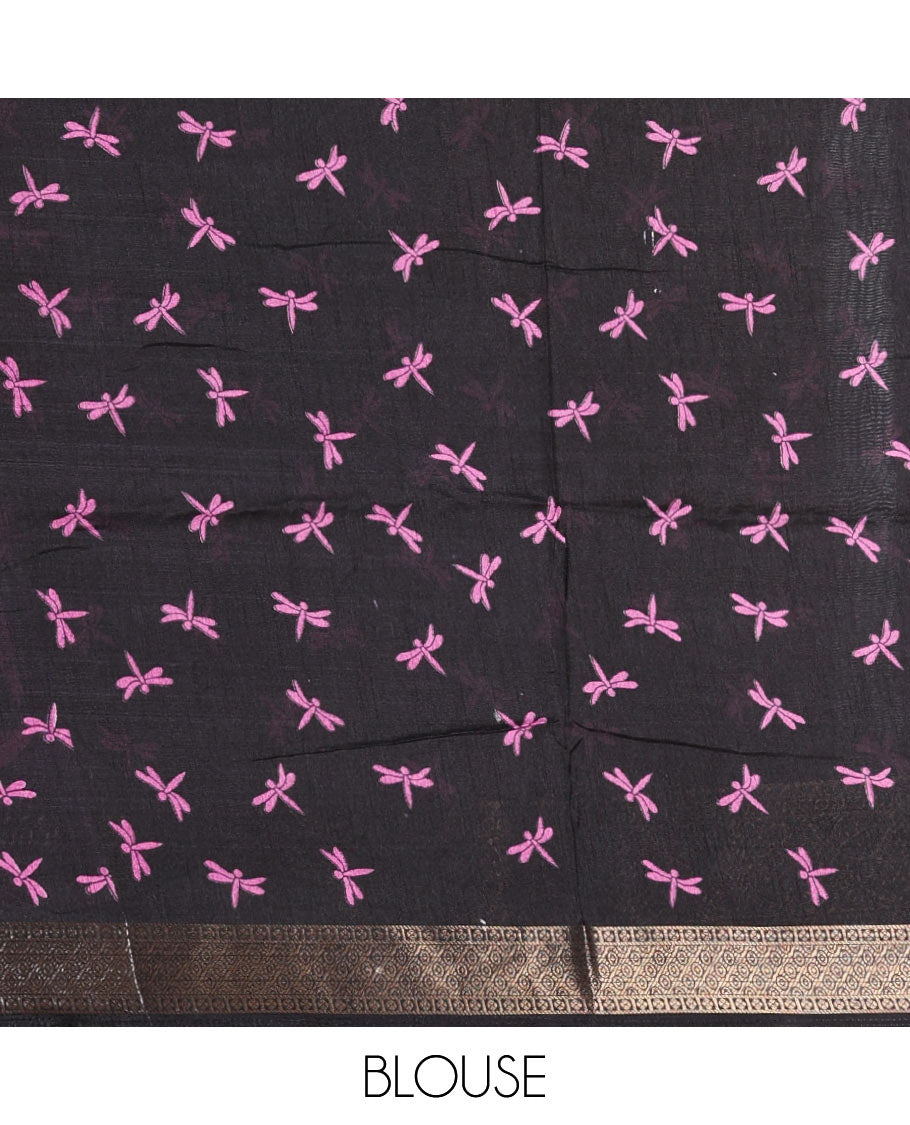 Black-purple dargon fly and cranes motifs printed dola silk saree, contrast gold zari border, Mughal floral printed pallu, and dragon fly printed blouse