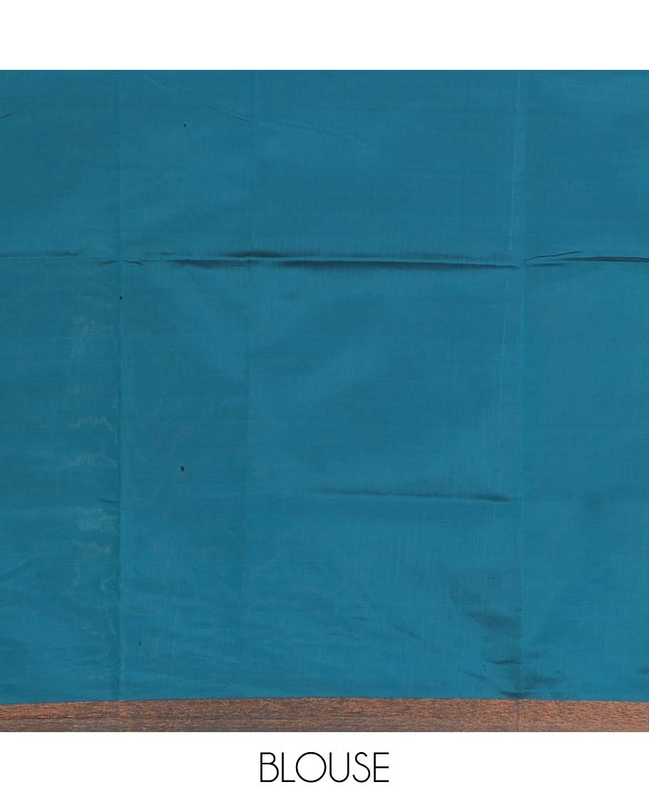 Pink six-petal-like leaf motifs printed micro-silk saree, copper zari border, contrast intricate pallu & plain blue blouse