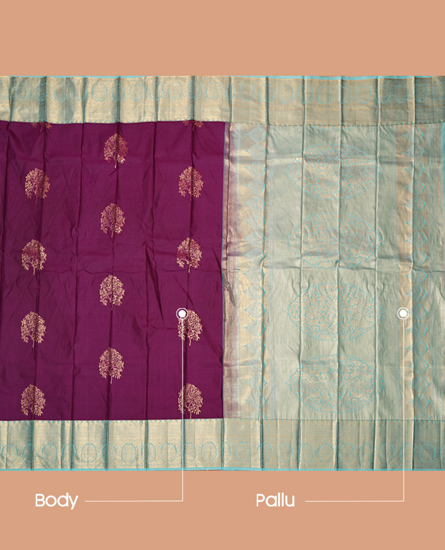 Purple Budget Silk Saree, Spotlighted with Floral Zari Buttas, Contrast Traditional Zari Border, Grand Pallu, and a Contrast Blouse