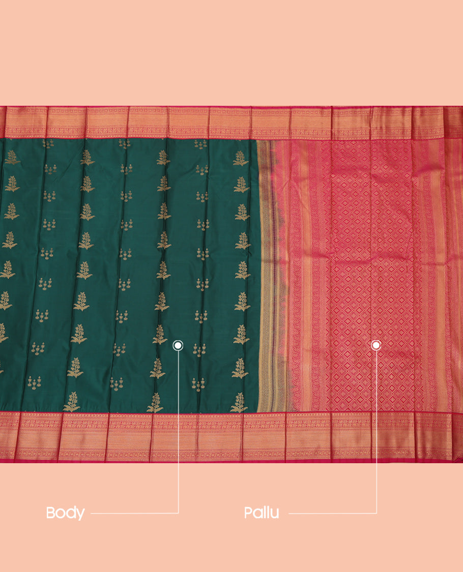 Green Budget Silk Saree, Embellished with Zari Buttas, a Contrast Traditional Border, Intricate Pallu, and a Contrast Blouse