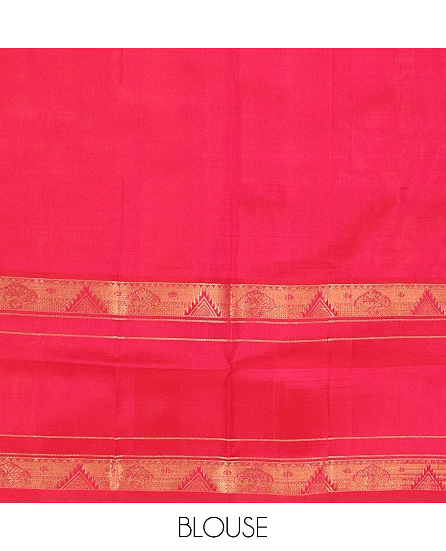 Pink Uppada Silk Saree Detailed with Zari Buttas All Over Its Body, Complemented by a Contrast Border of Traditional Zari Designs, Sparsely Sparkled Pallu of Floral-Paisley Designs, and Paired with a Contrast Blouse