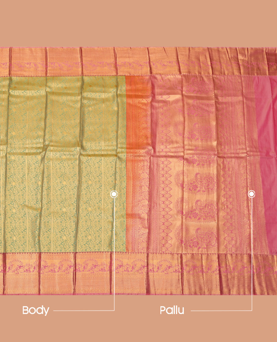 Green Budget Silk Saree Woven with Jacquard, Complemented by a Contrast Traditional Zari Border, Grand Pallu, and a Contrast Blouse