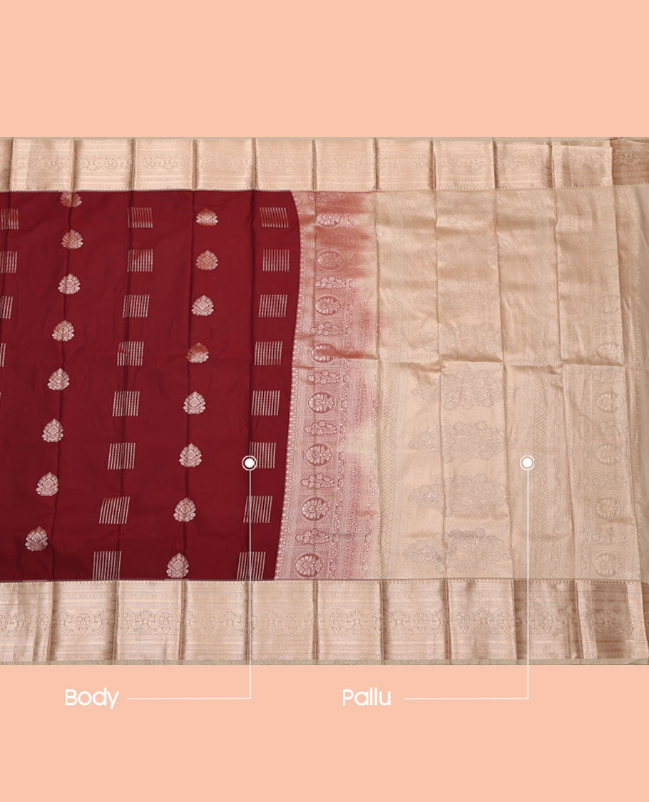 Maroon Budget Silk Saree, Richly Detailed with Zari Buttas, Complemented by a Contrast Traditional Zari Border, Intricately Designed Pallu, and a Contrast Blouse