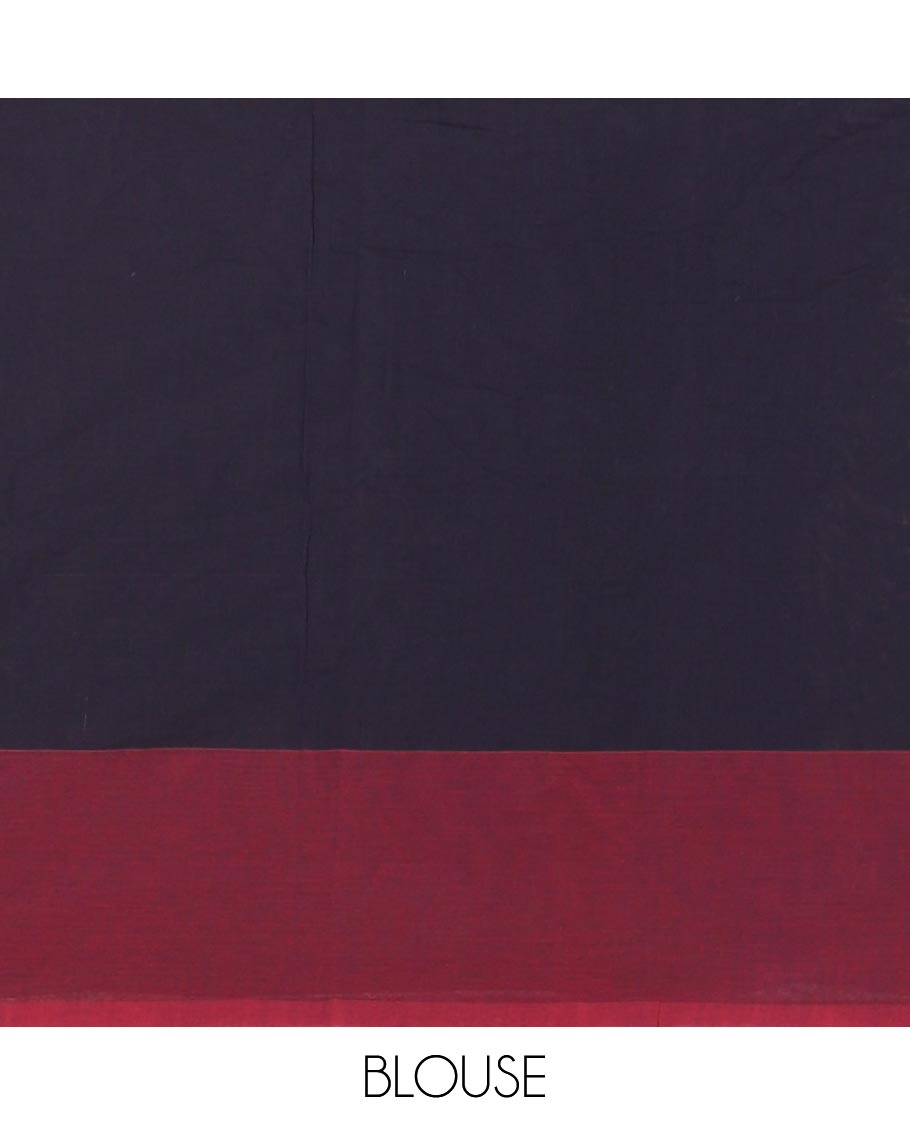 Navy blue thread woven veldhari striped Handloom cotton saree, contrast polka dots thread border, temple pallu, and matching plain blouse