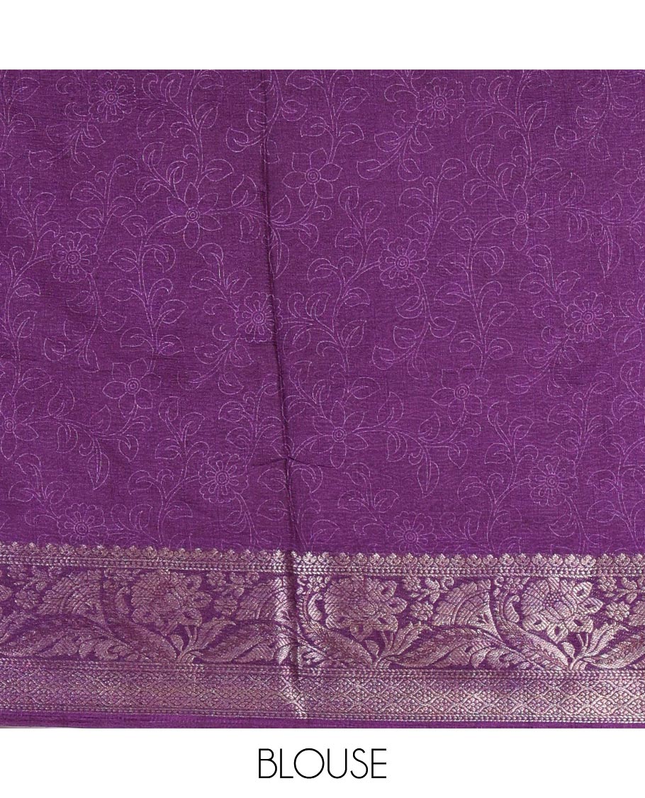 Lavender kalamkari floral vine and peacock printed dola silk saree, contrast traditional zari border, peacock printed pallu, and floral vine print blouse