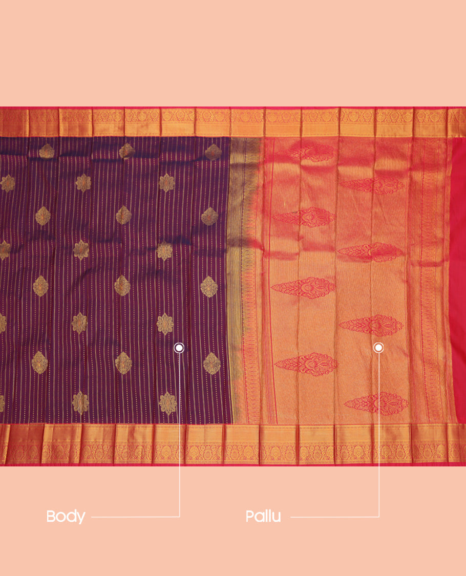 Wine Budget Silk Saree, Graced with Zari Buttas and Stripes, a Contrast Traditional Zari Border, Grand Pallu, and a Contrast Blouse