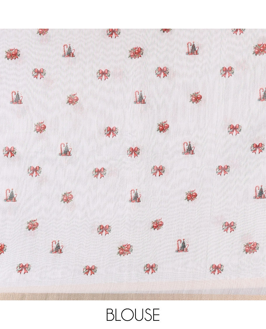 White Christmas-theme motifs digital printed Chanderi cotton saree, piping zari border, pallu of Christmas tree and gift motifs print, and Christmas-theme printed blouse