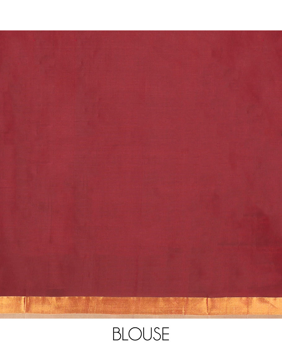 Maroon Uppada Silk Saree, Adorned with Zari Buttas All Over Its Body, Complemented by a Contrast Plain Border, Pallu Features Floral Jaal Designs, and Paired with a Matching Blouse