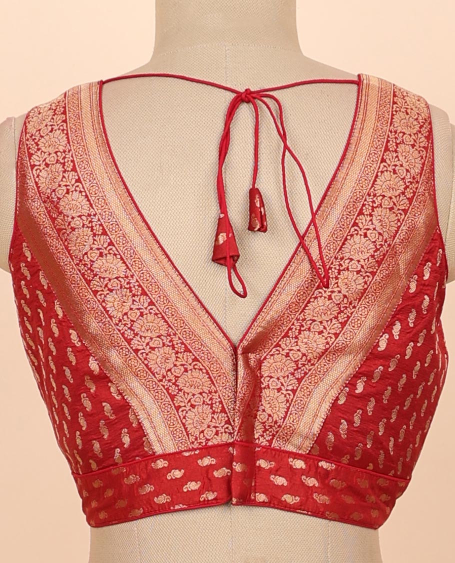 Maroon floral zari design front & back deep v-neck raw-silk readymade sleeveless blouse