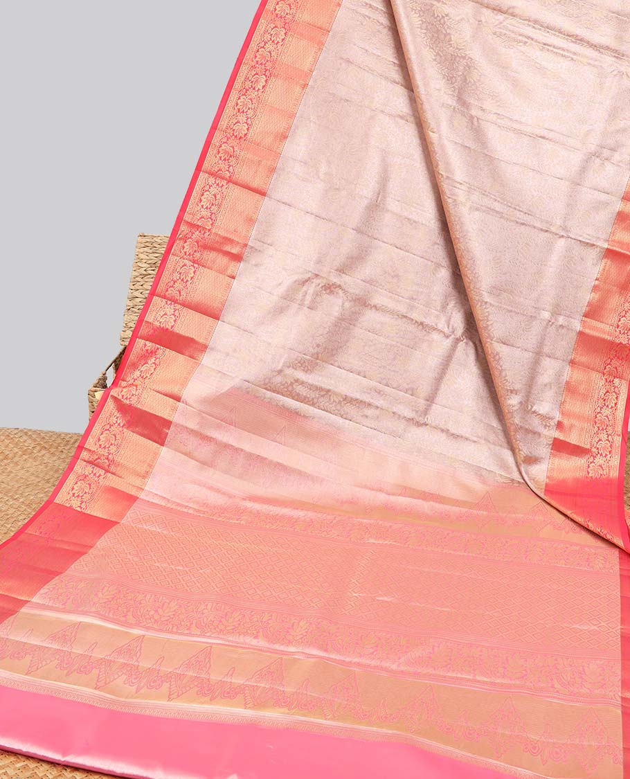 Sandal floral jacquard budget silk saree with contrast floral zari border & pallu of jaal design